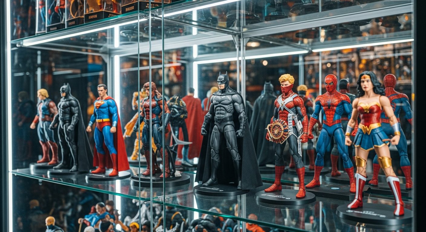 Vitrina llena de figuras de acción de superhéroes