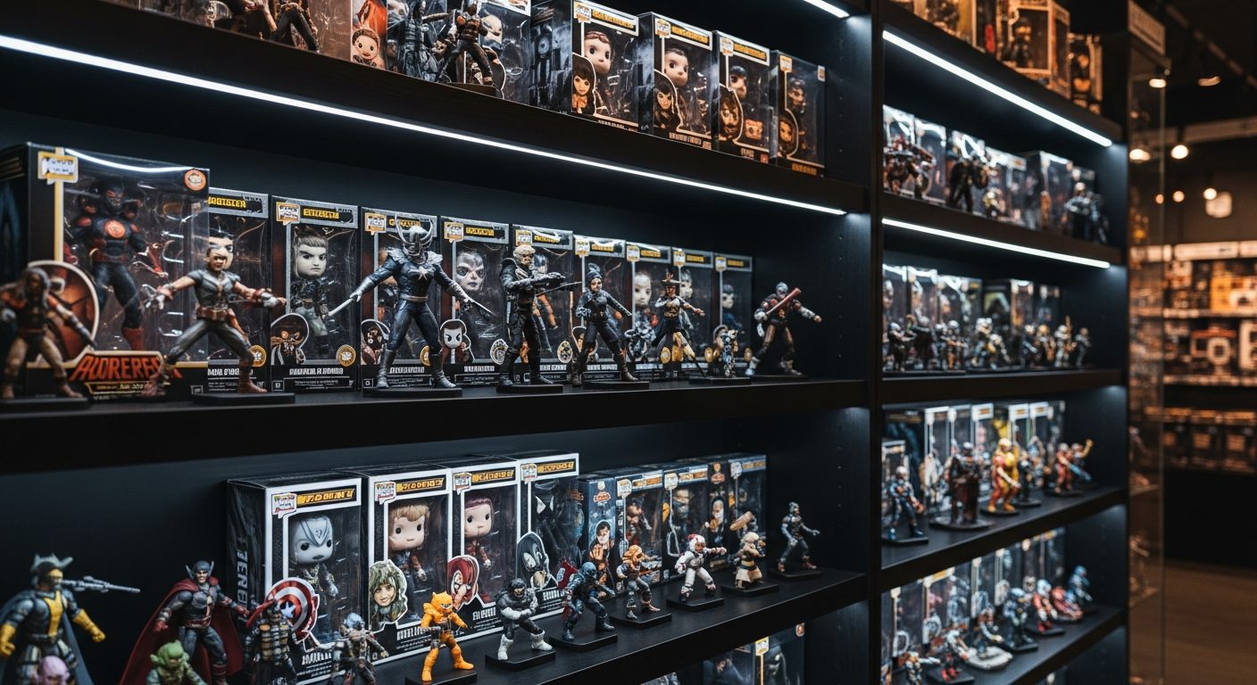 Repisas con figuras coleccionables iluminadas