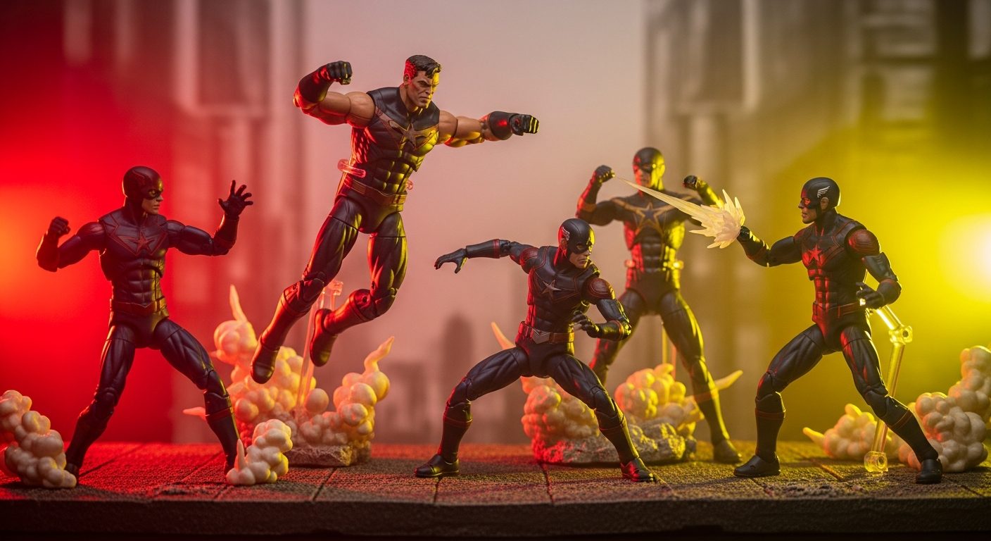 Colección de figuras articuladas de héroes en exhibición