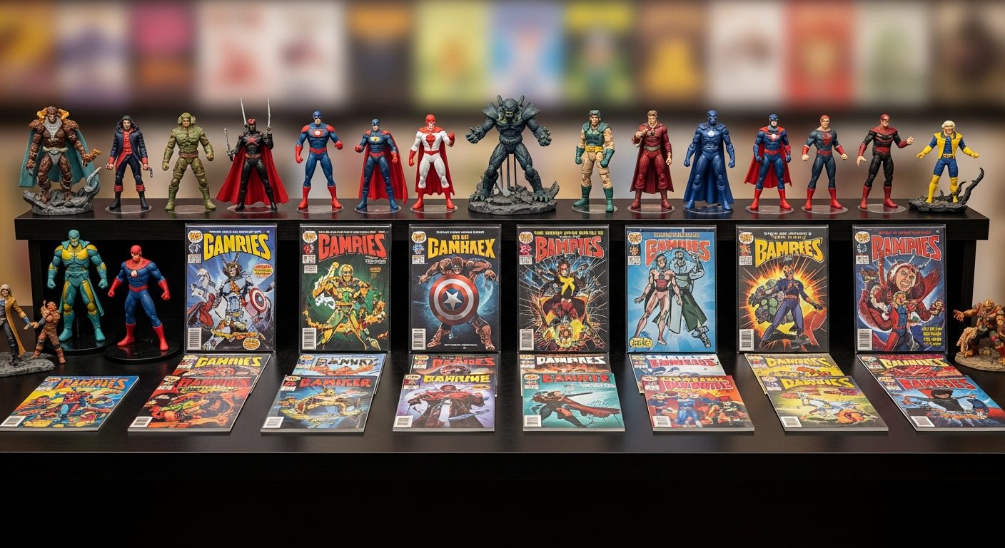 Figuras coleccionables y cómics sobre mesa de exhibición